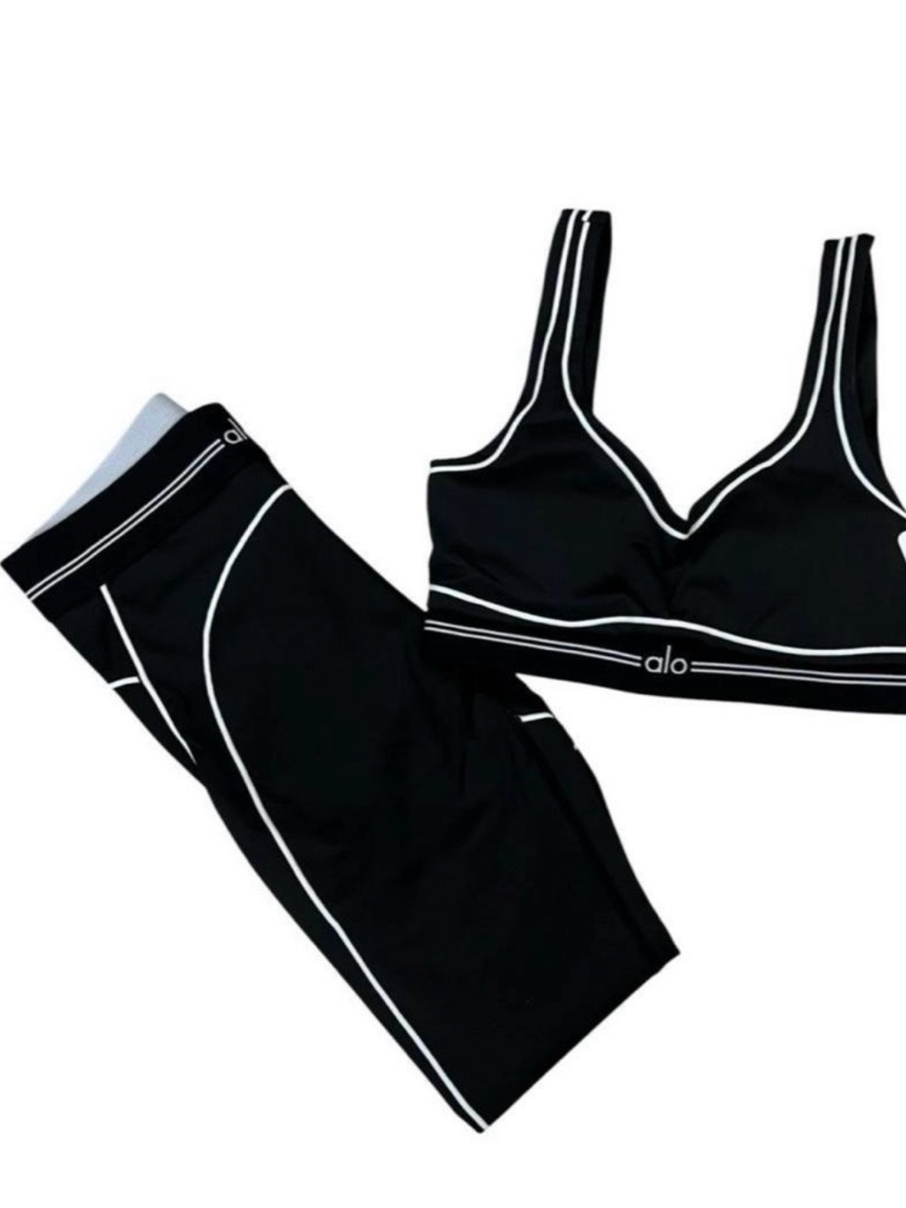 ALO Yoga Black Sports Bra and Leggings with White Piping